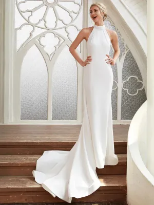 Bridal Casual Open Back Wedding Dresses Court Regular Straps Halter Satin With Pleats