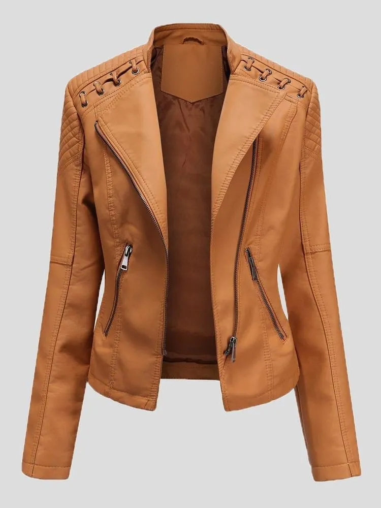 Brown Leather Jacket with Lace-Up Detail