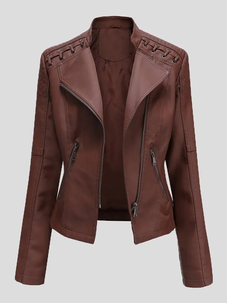 Brown Leather Jacket with Lace-Up Detail