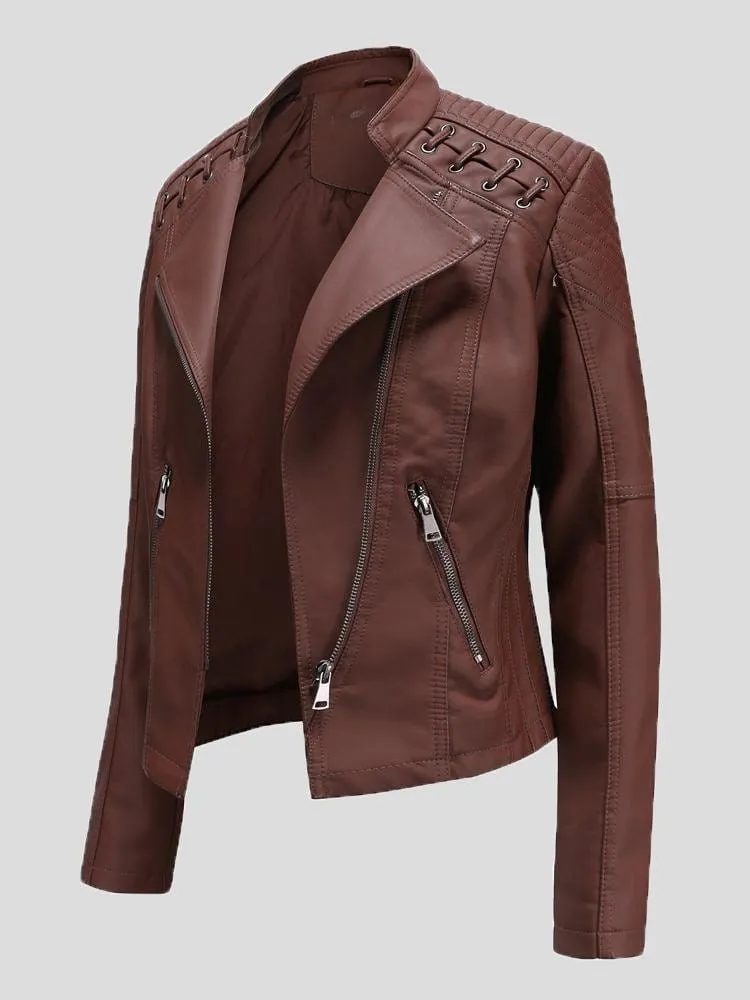 Brown Leather Jacket with Lace-Up Detail