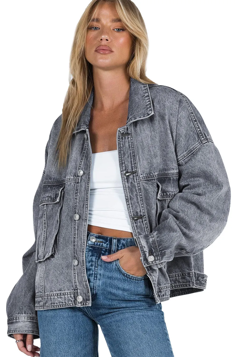 Casual Gray Denim Jacket with Drop Shoulder and Chest Pockets