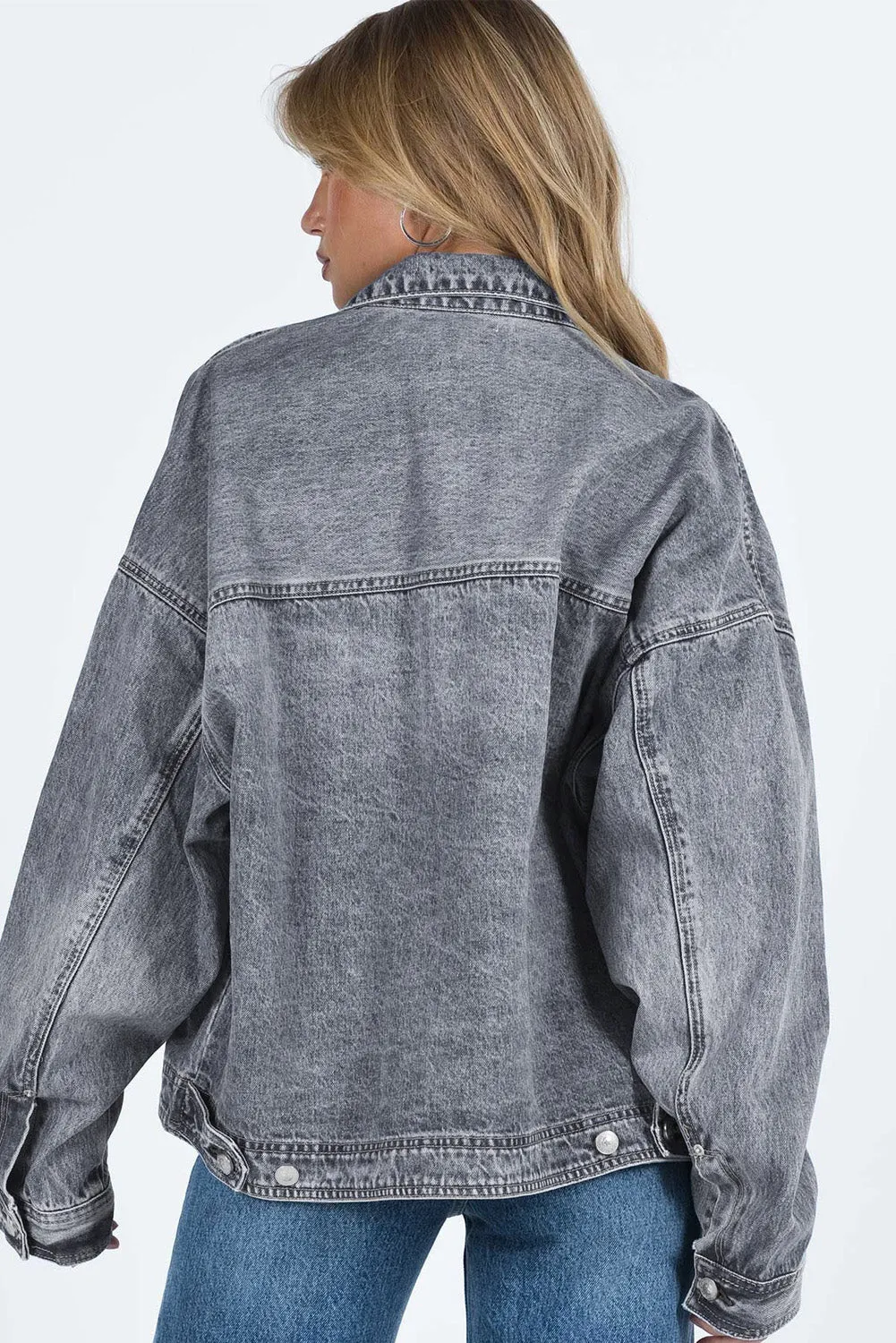 Casual Gray Denim Jacket with Drop Shoulder and Chest Pockets