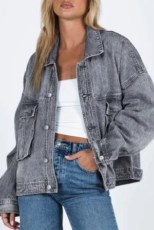 Casual Gray Denim Jacket with Drop Shoulder and Chest Pockets