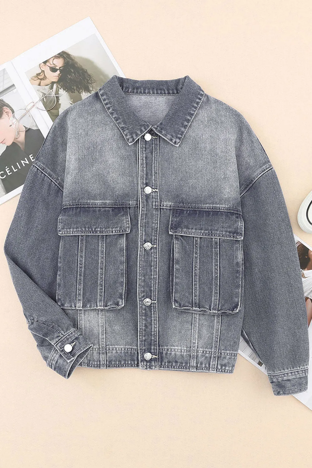 Casual Gray Denim Jacket with Drop Shoulder and Chest Pockets