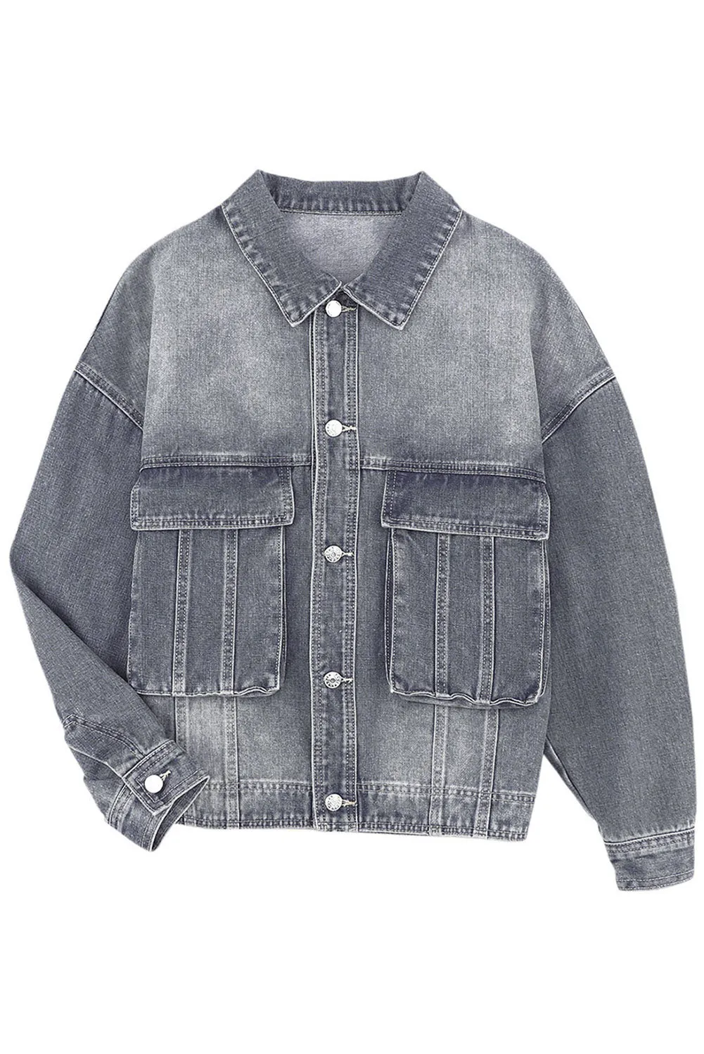 Casual Gray Denim Jacket with Drop Shoulder and Chest Pockets