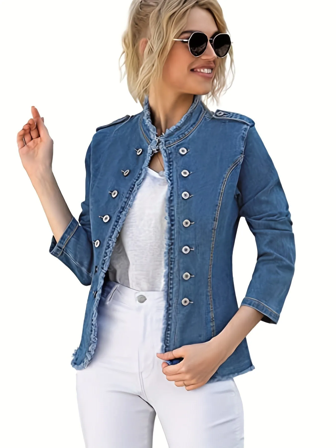 Casual Raw Trim Long Sleeve Single Breasted Button Denim Jacket