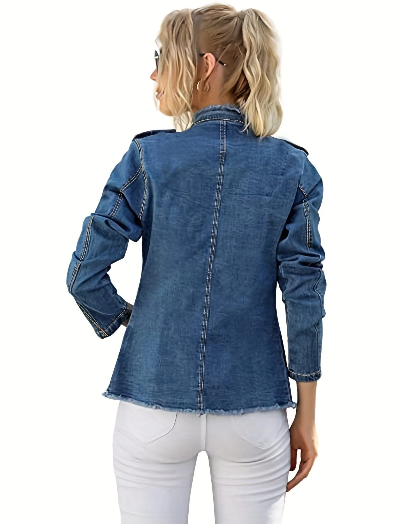 Casual Raw Trim Long Sleeve Single Breasted Button Denim Jacket