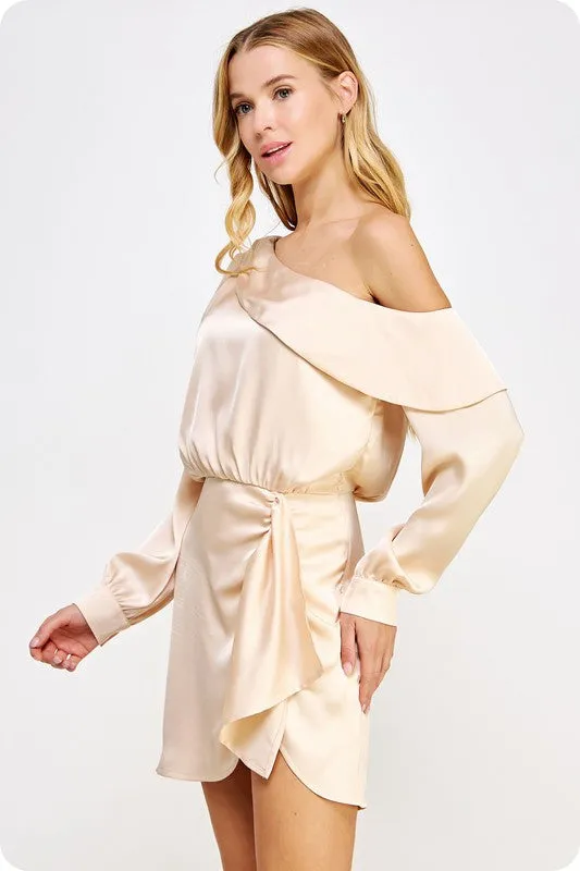 Champagne One Shoulder Draped Satin Mini Dress