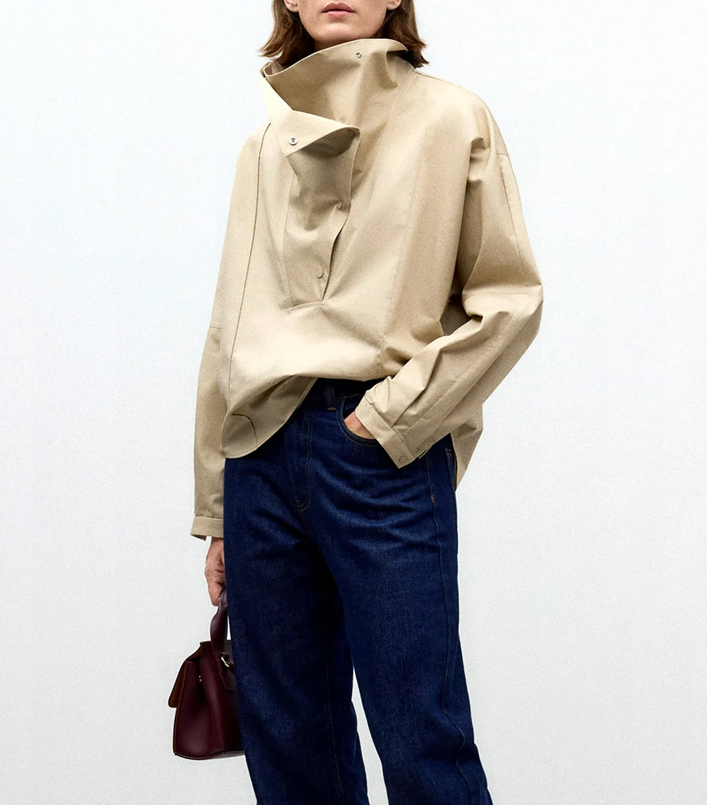 Chimney Neck Cotton Shirt Beige