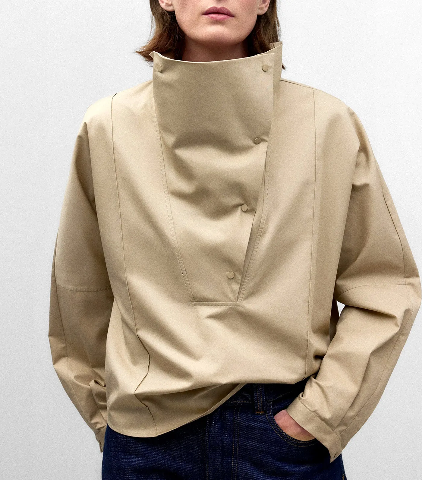 Chimney Neck Cotton Shirt Beige