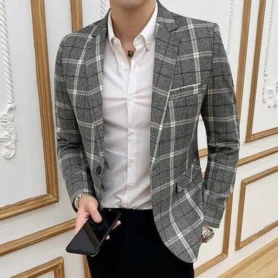 Classic Plaid Single Breasted Style Men Slim Fit Blazer