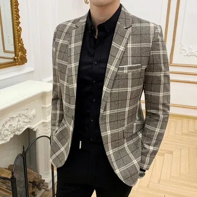 Classic Plaid Single Breasted Style Men Slim Fit Blazer