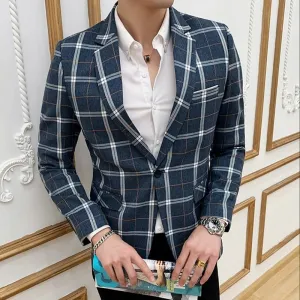 Classic Plaid Single Breasted Style Men Slim Fit Blazer