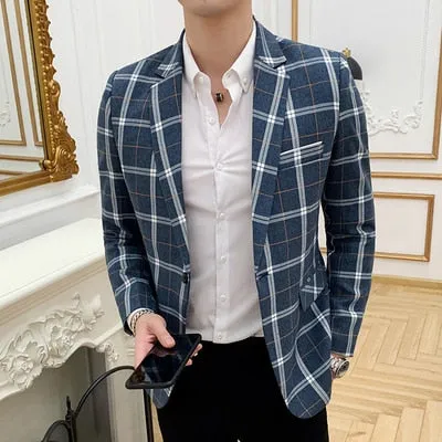 Classic Plaid Single Breasted Style Men Slim Fit Blazer