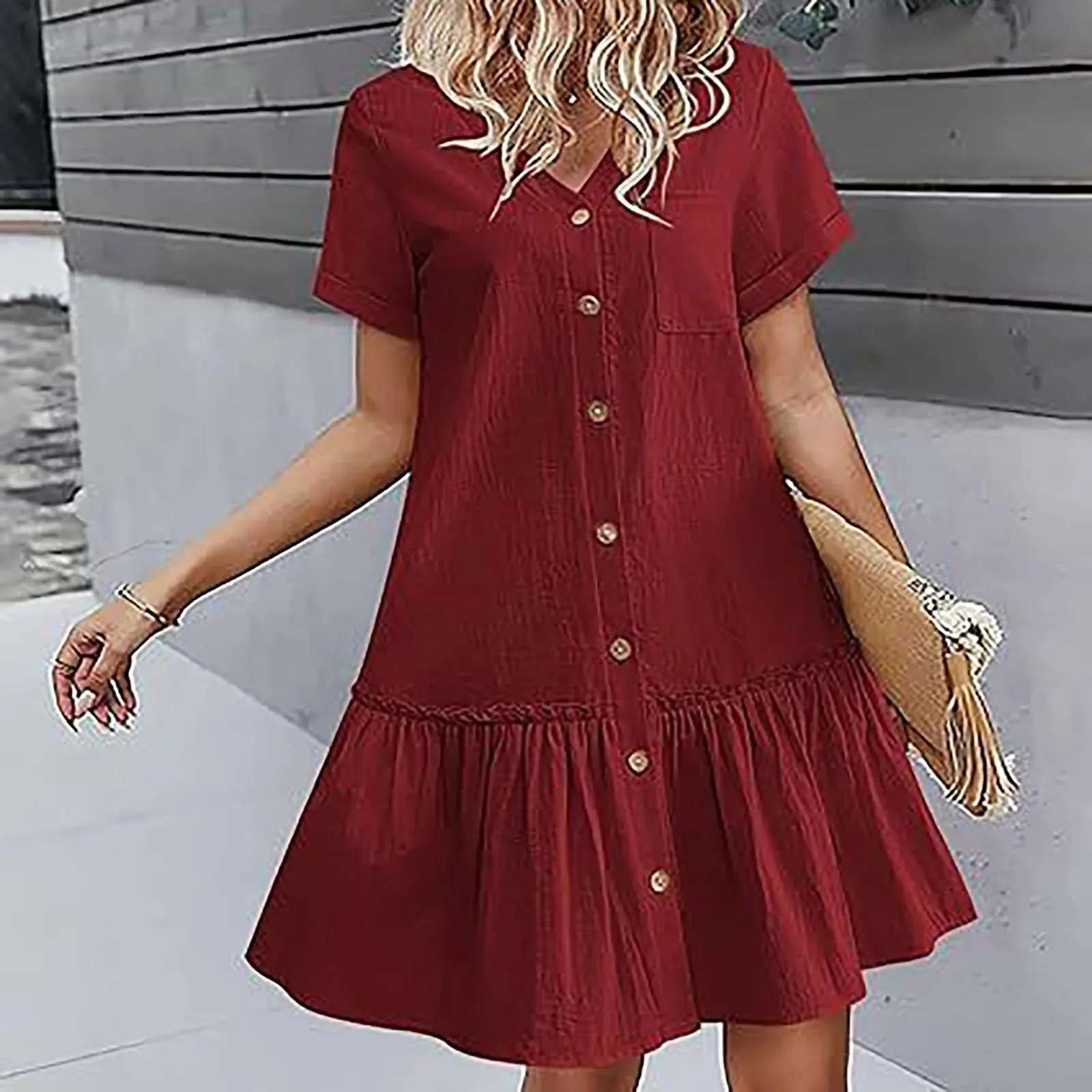 Color Ruffles Short Sleeve Loose Button Ladies Casual Solid Dress