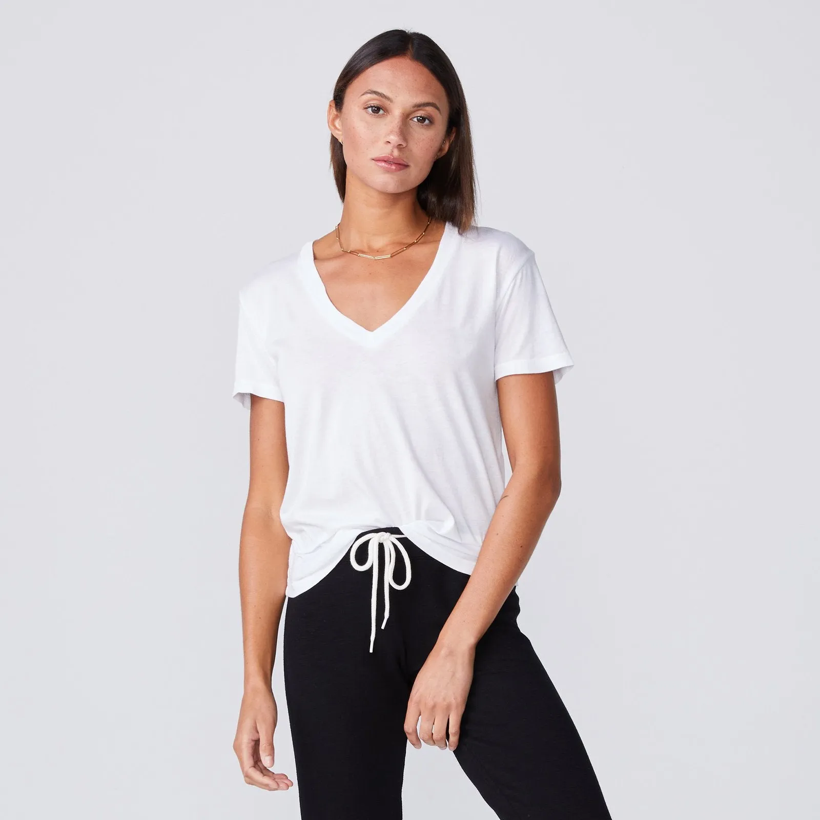 Cotton Modal Relaxed V Neck Tee - White