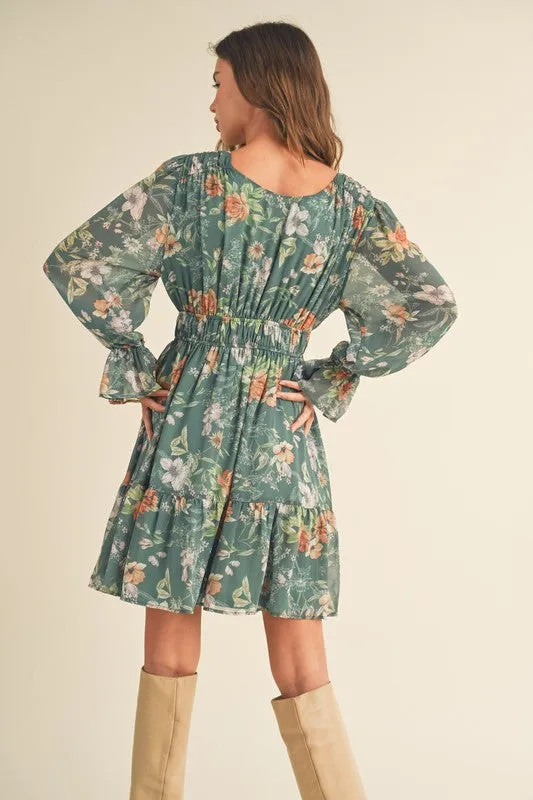 Dark Green Multi Long Puff Sleeve Tiered Mini Dress