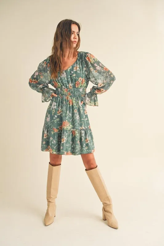 Dark Green Multi Long Puff Sleeve Tiered Mini Dress