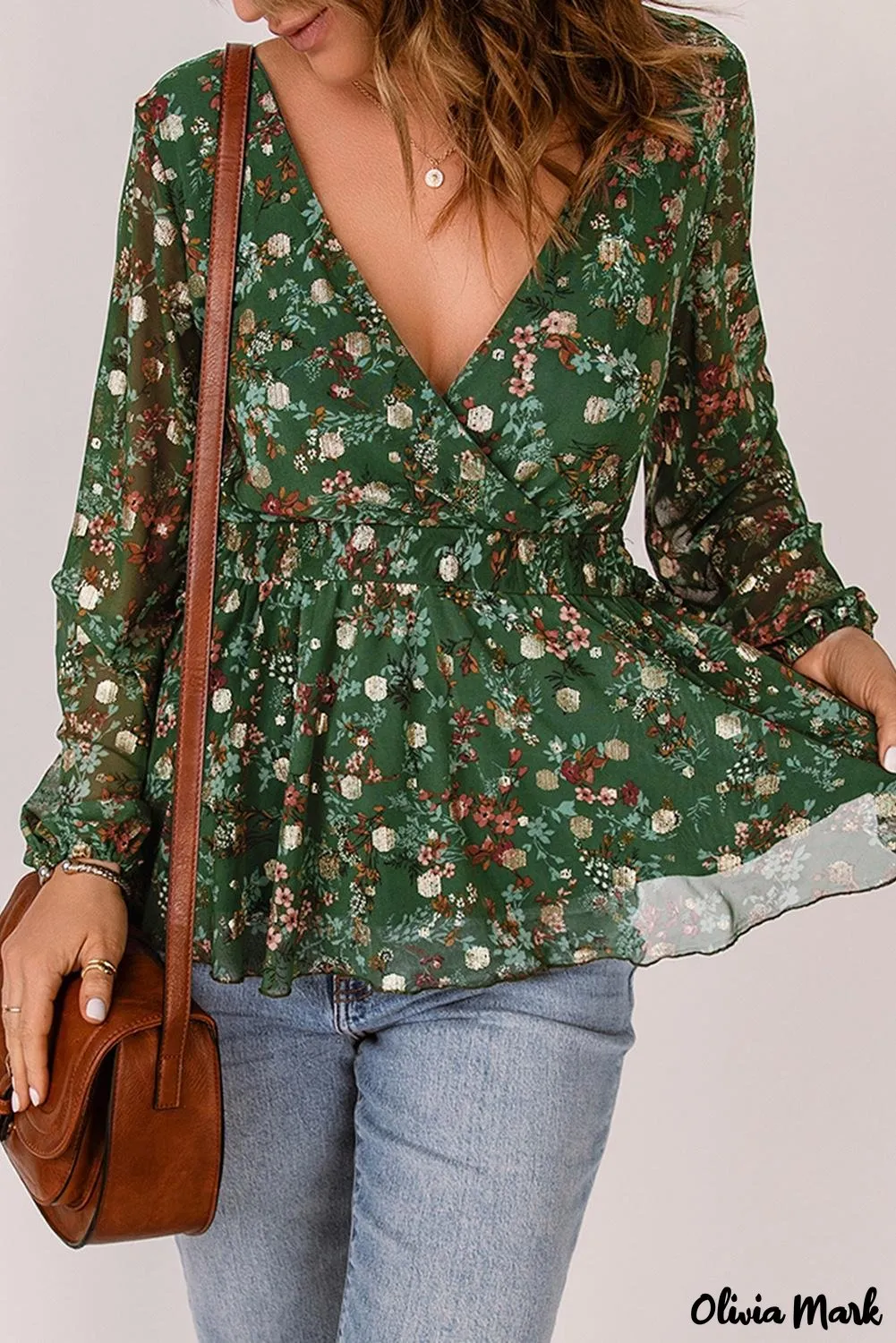 Deanwangkt - Green Floral Print Wrap V-Neck Peplum Top