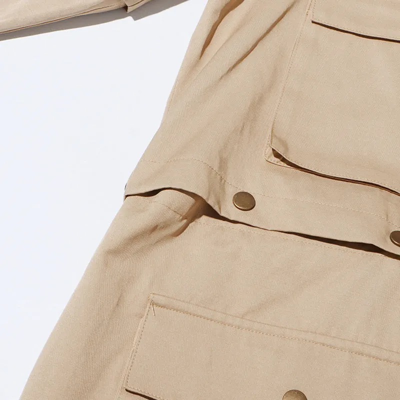 Deconstructed High Neck Long Sleeve Cargo Pocket Button Up Trench Coat