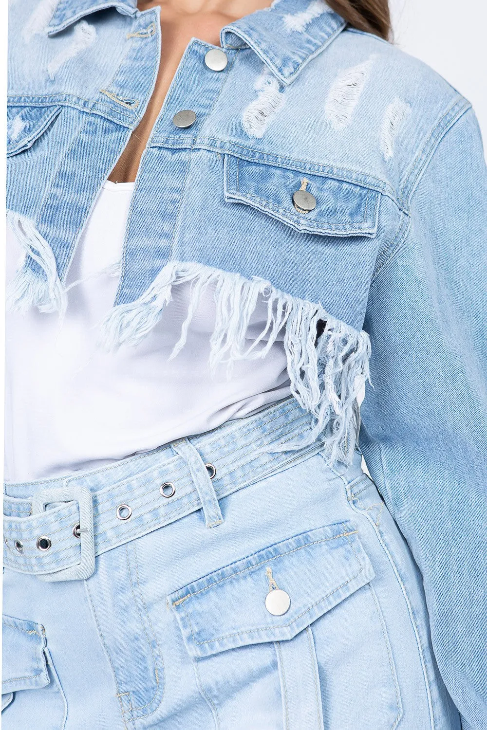 Distressed Denim Jacket with Frayed Hem