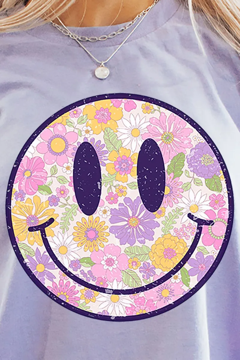 Distressed Floral Smiles Short Sleeve Relaxed Fit T-Shirt