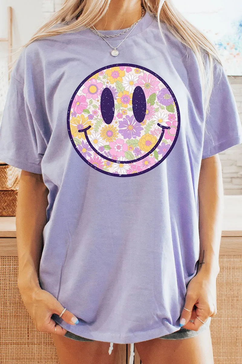 Distressed Floral Smiles Short Sleeve Relaxed Fit T-Shirt