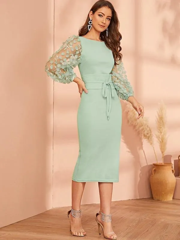 Dunnmall Applique Embroidered Mesh Sleeve Obi Belted Pencil Dress