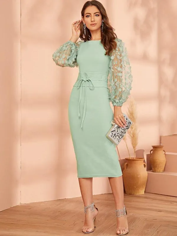 Dunnmall Applique Embroidered Mesh Sleeve Obi Belted Pencil Dress