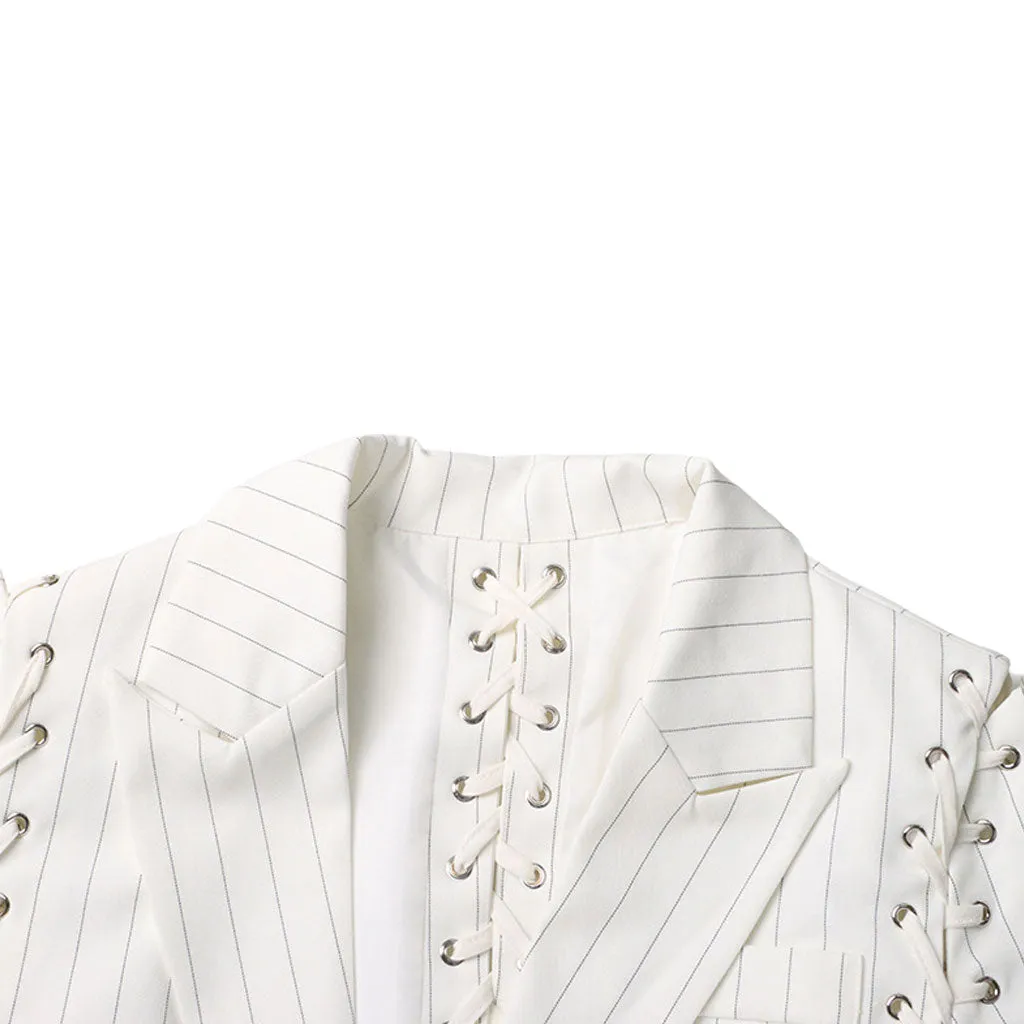 Edgy Lace Up Striped Print Lapel Collar Single Breasted Tailored Blazer