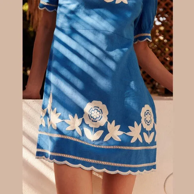 Elegant Flower Embroidery Wave Edge Dress Women Short Puff Sleeve O-neck Contrast Mini Dresses 2024 Summer Female Chic Vestidos