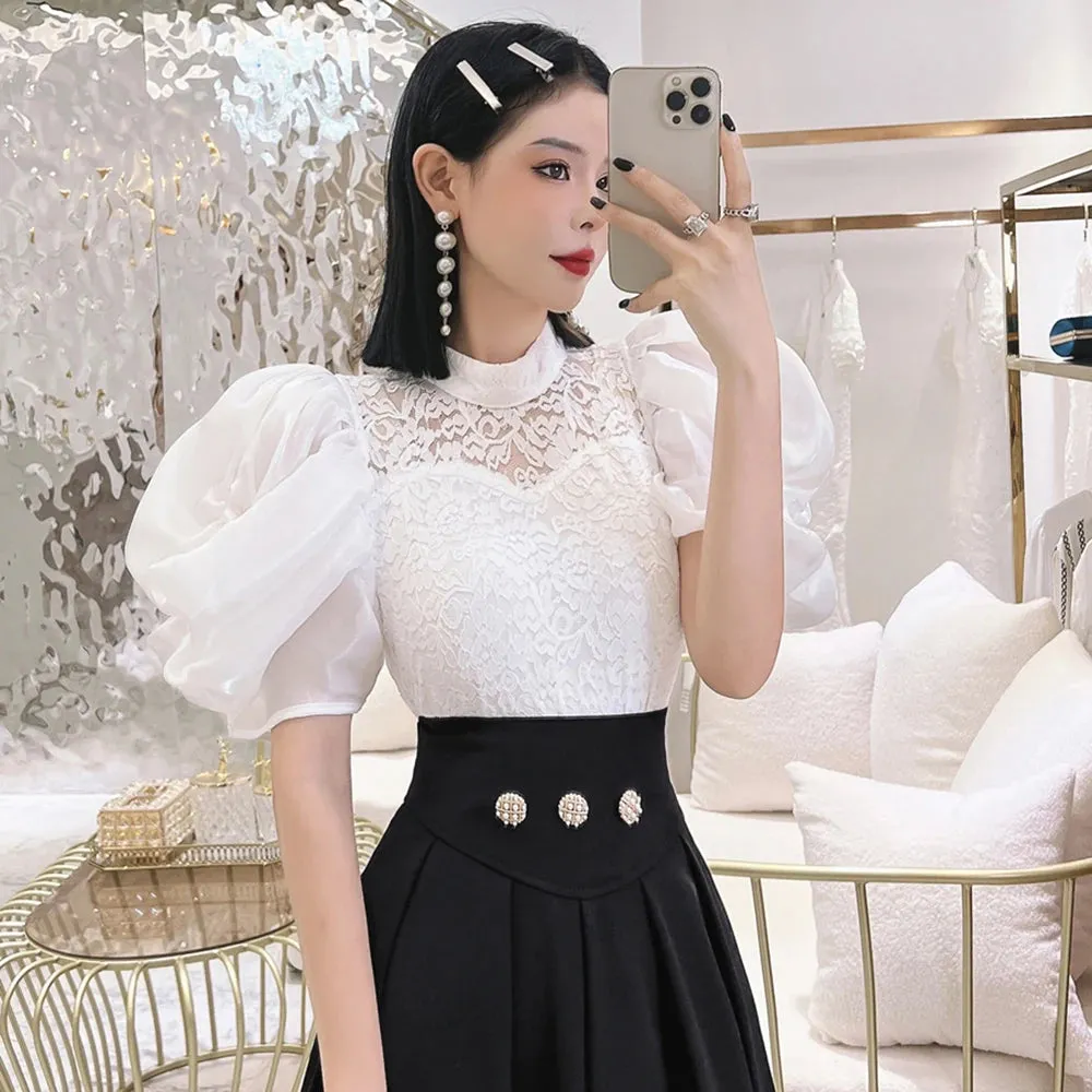 Elegant Lace Panel Shirt For Female Stand Collar Puff Sleeve Solid Minimalist Slim Pullover Blouses Female Clothing