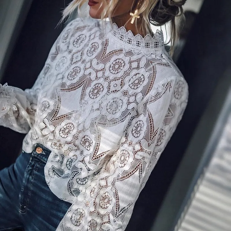 Fashionkova  Embroidery Lace Womens Tops And Blouses Elegant O Neck Long Sleeve White Black Solid Shirt For Women Loose See-Through Tunic