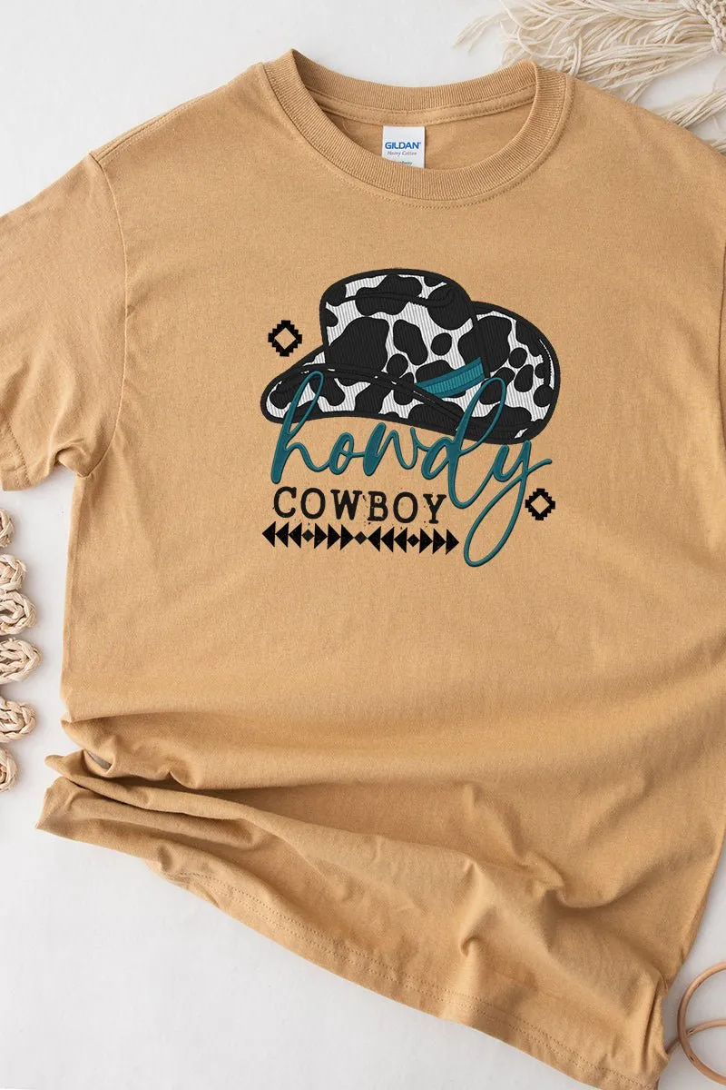 Faux Embroidery Howdy Cowboy Transfer Short Sleeve Relaxed Fit T-Shirt