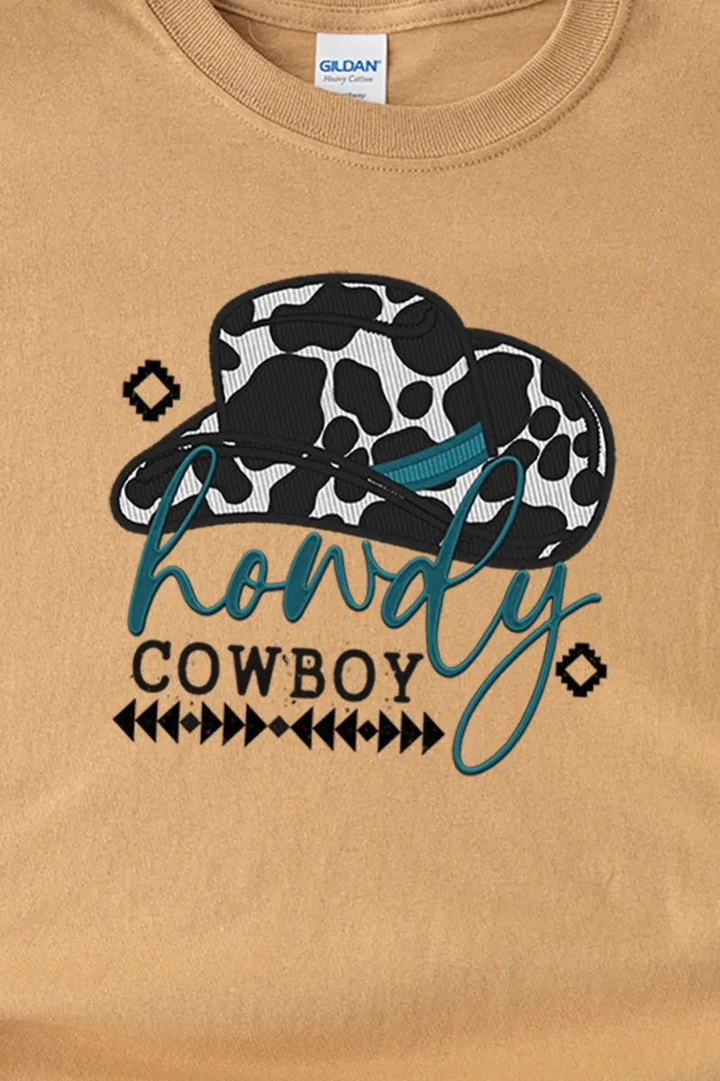 Faux Embroidery Howdy Cowboy Transfer Short Sleeve Relaxed Fit T-Shirt