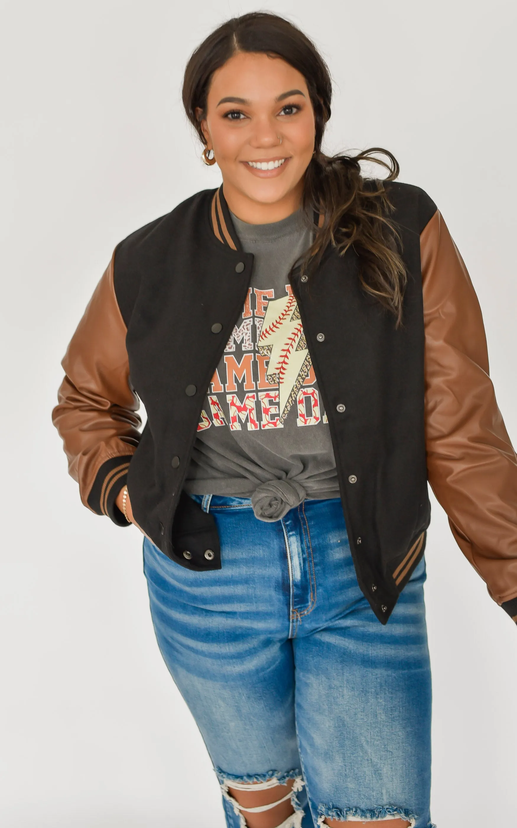 Faux Leather Sleeves Varsity Jacket