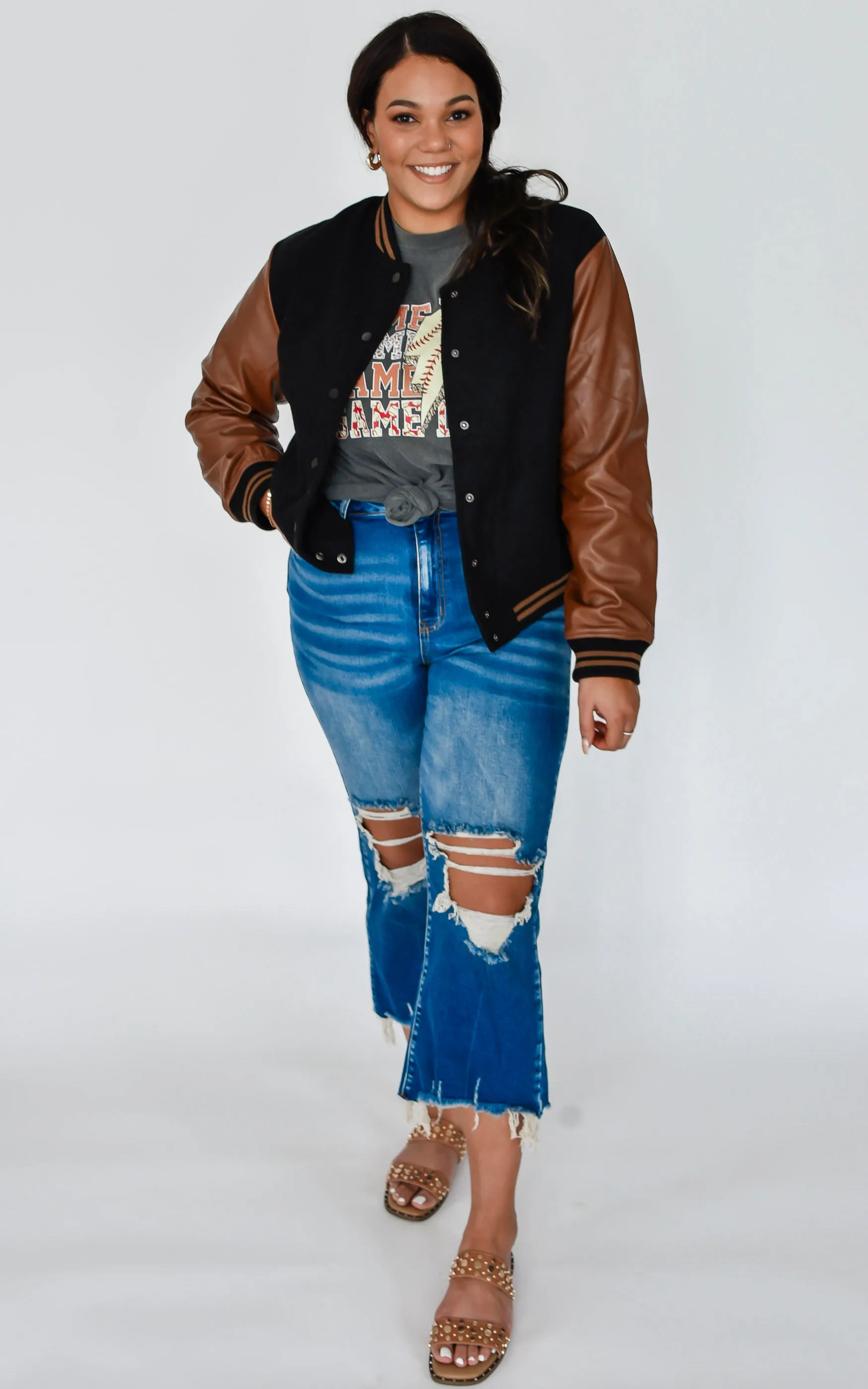 Faux Leather Sleeves Varsity Jacket