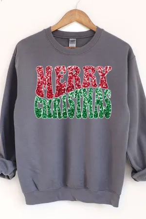 Faux Sequin Retro Merry Christmas Transfer Heavy-weight Crew Sweatshirt