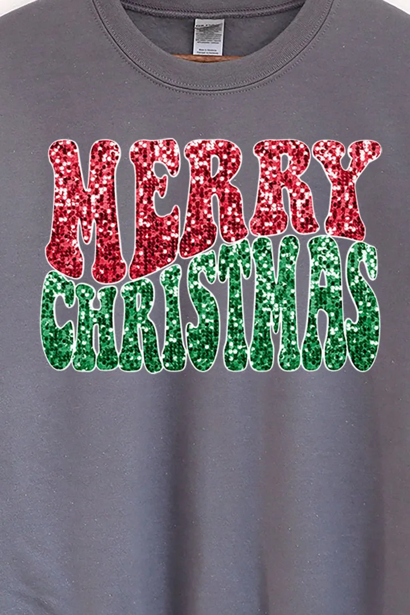 Faux Sequin Retro Merry Christmas Transfer Heavy-weight Crew Sweatshirt