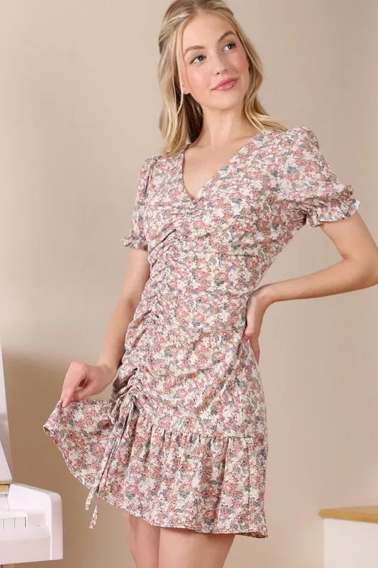 Floral Center Shirred V Neck Dress