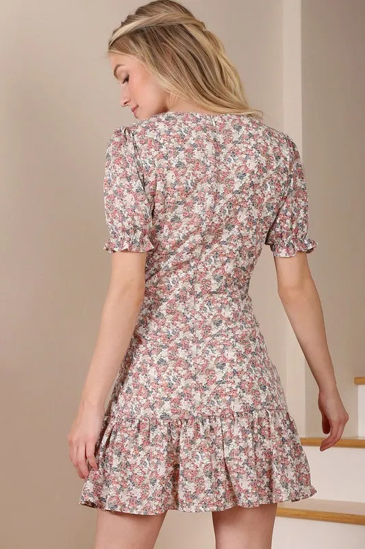 Floral Center Shirred V Neck Dress