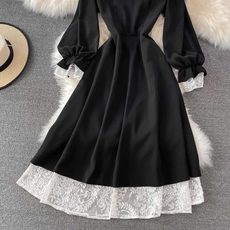 French Style Knee-length Dress Spring and Autumn Cute Black Dress 1801