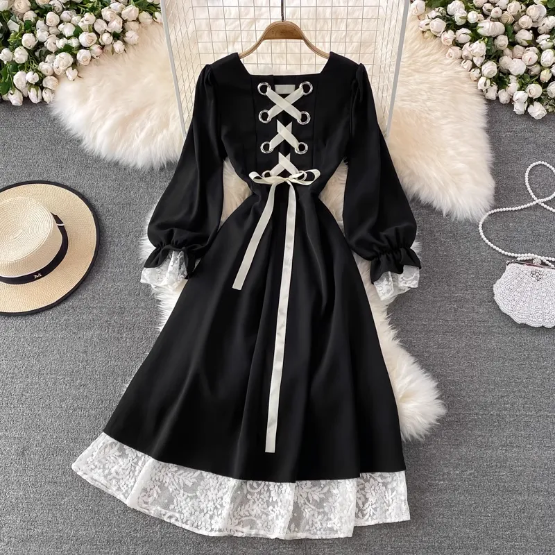 French Style Knee-length Dress Spring and Autumn Cute Black Dress 1801