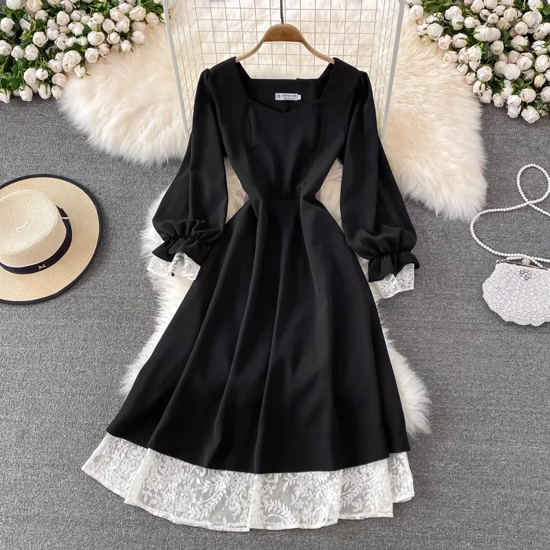 French Style Knee-length Dress Spring and Autumn Cute Black Dress 1801