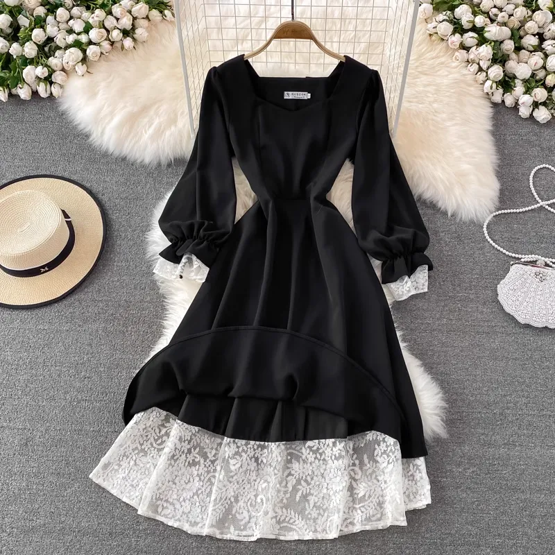 French Style Knee-length Dress Spring and Autumn Cute Black Dress 1801