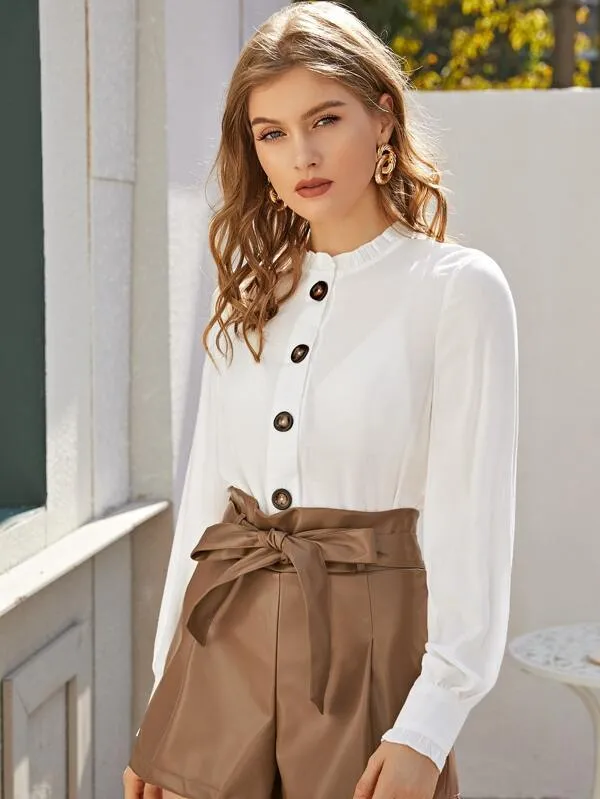 Frill Trim Button Front Sheer Blouse Without Bra