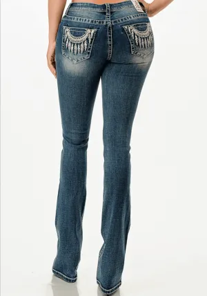 Grace in LA Women's Easy Fit Feather Necklace Medium Wash Boot Cut Jeans EBS711