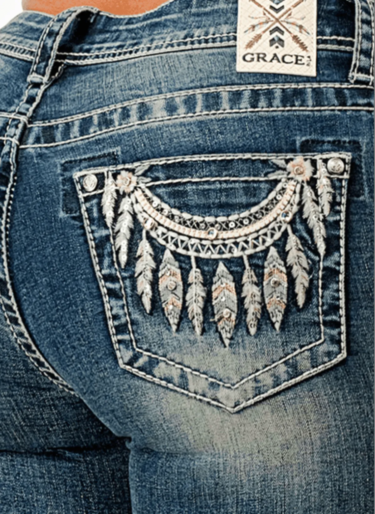 Grace in LA Women's Easy Fit Feather Necklace Medium Wash Boot Cut Jeans EBS711