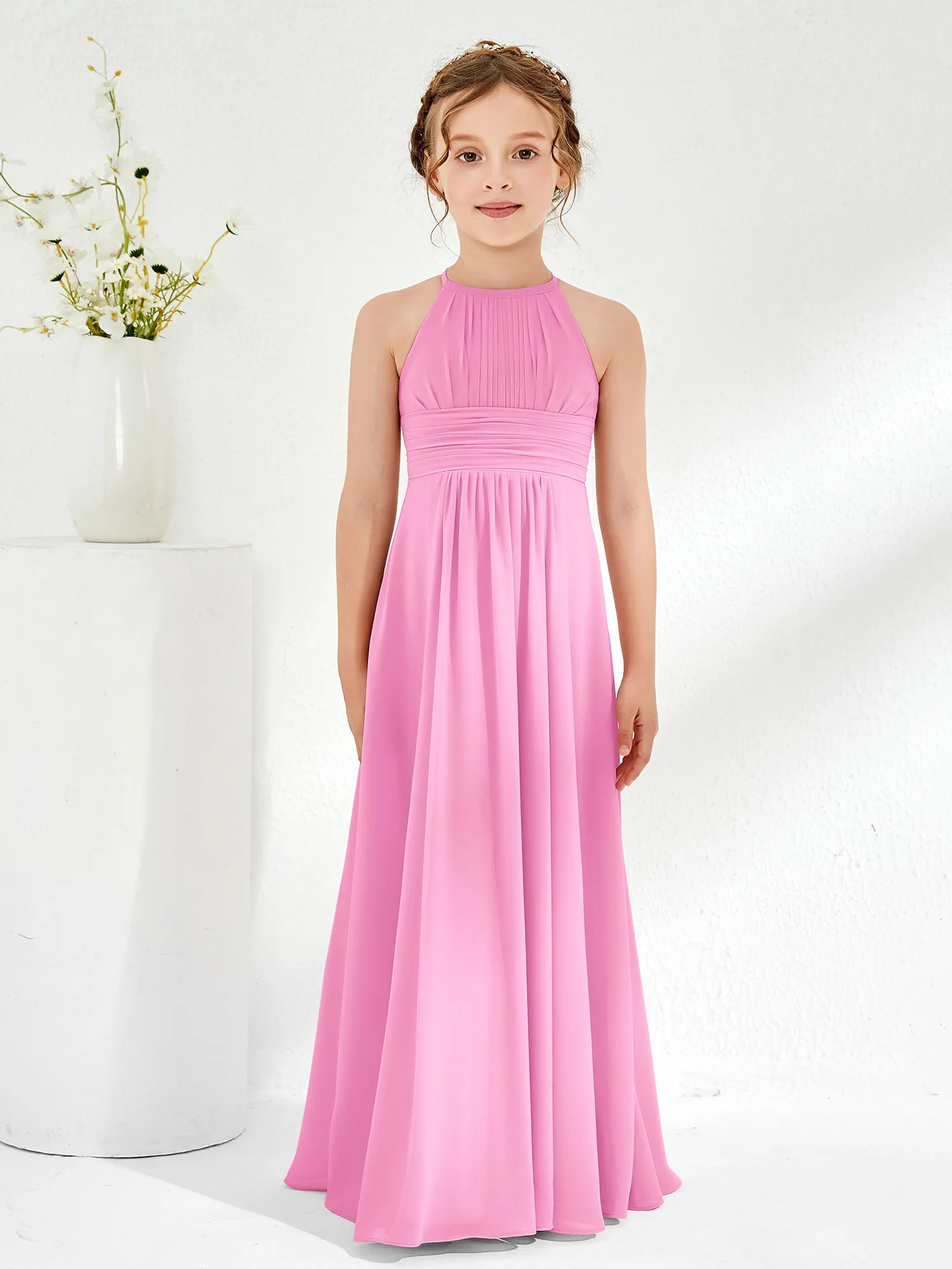 Halter Chiffon Junior Bridesmaid Dresses Candy Pink