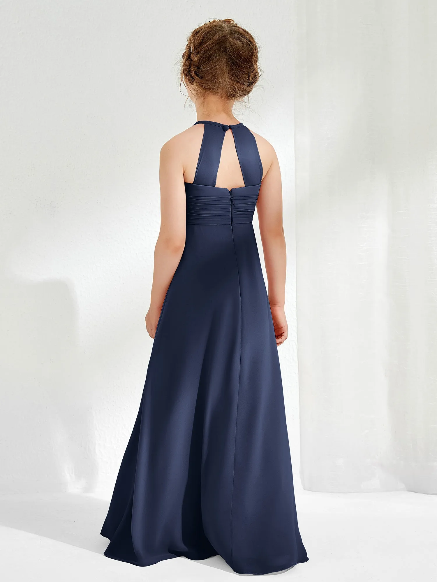 Halter Chiffon Junior Bridesmaid Dresses Dark Navy